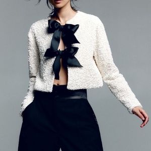 H&M White Bow Tie-Front Sequin Jacket Cardigan Top Holiday Xmas New Year Size XS